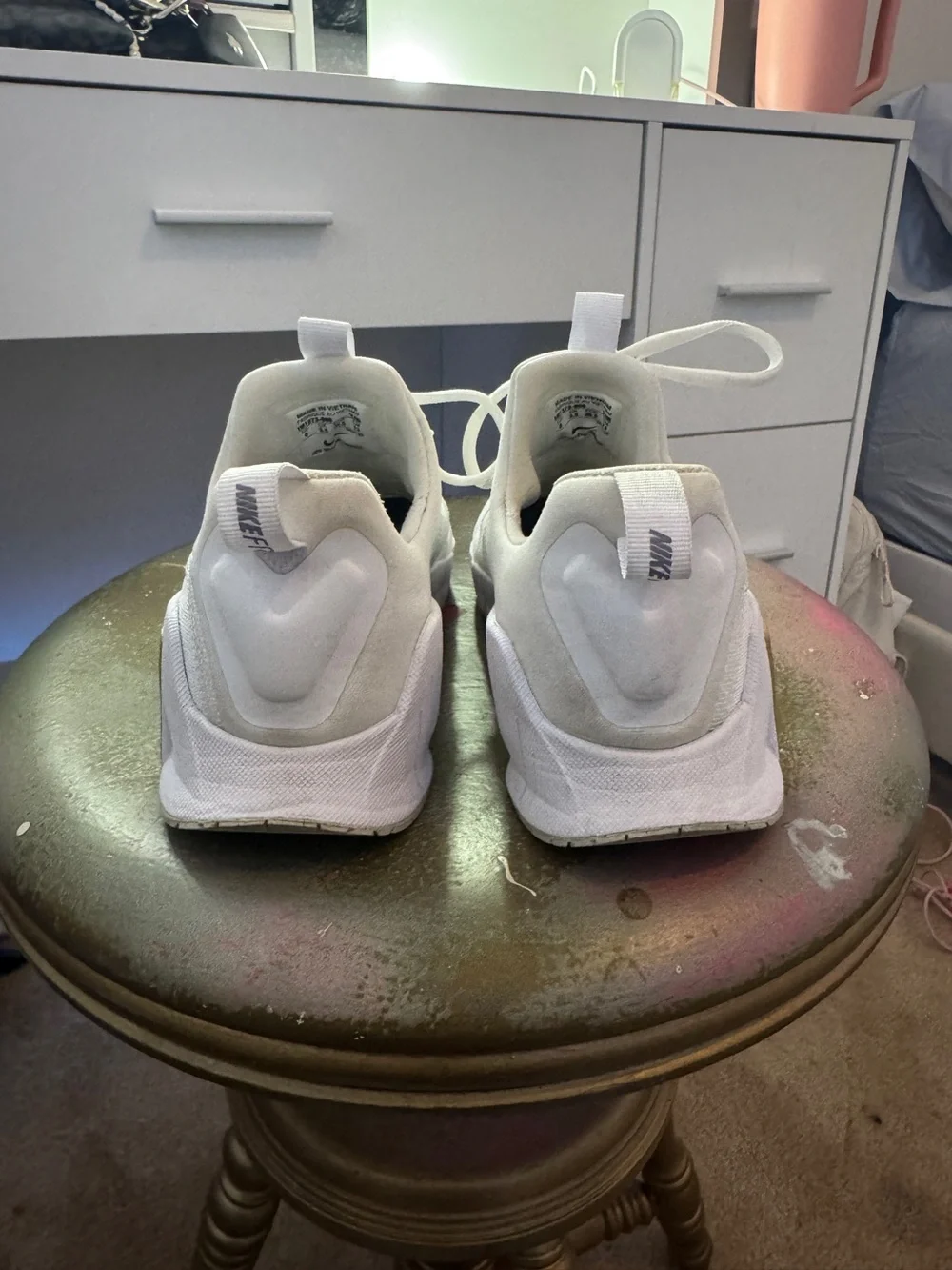 Custom Nike Metcons Women's White Athletic Sneakers with Gold Accent